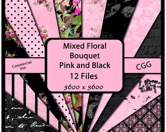 Schwarz und Pink Floral Digital Paper Pack: Scrapbook & Hochzeit Hintergründe (Instant Download)