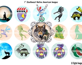 Südwestlichen indianischen Collage Blatt 1" Kreise, druckbare Azteken Stammes digitale Bilder Bottle Cap Schmuck, Anhänger, blenden, Cabochon