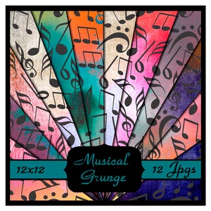 Fondos musicales grunge Notas musicales, paquete de papel digital, paquete de papel musical, papel de scrapbooking, papel de envoltura de regalo, fondo musical