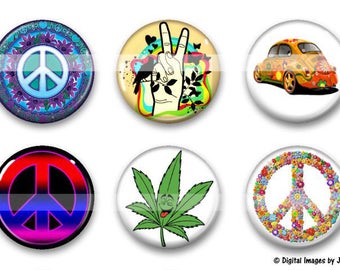 Hippie, The 60s, Peace, 1.837" Collage Sheets for 1.5" Buttons, Pinback Buttons, Jewelry Making, Bottle Caps, Pendants, Bezel Tray, Cabochon