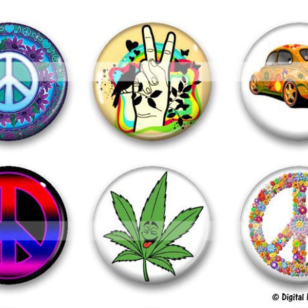 Hippie, The 60s, Peace, 1.837" Collage Sheets for 1.5" Buttons, Pinback Buttons, Jewelry Making, Bottle Caps, Pendants, Bezel Tray, Cabochon