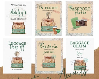 Baby shower travel theme/around the world baby shower signs - welcome, luggage drop off, passport photos, baggage claim, in-flight, check-in