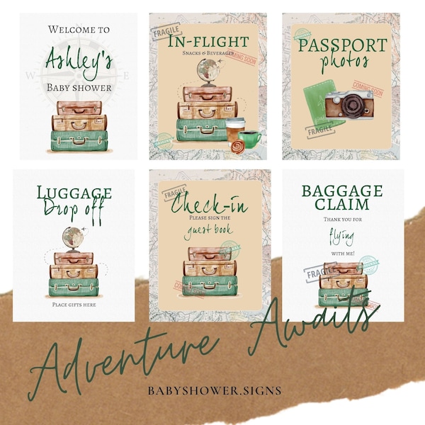 Baby shower travel theme/around the world baby shower signs - welcome, luggage drop off, passport photos, baggage claim, in-flight, check-in