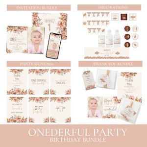 Onederful / Isn't she lovely First Birthday Party Floral Mega Bundle - Invitación editable, Evite, Decoraciones, Tarjetas de agradecimiento, Letreros de fiesta