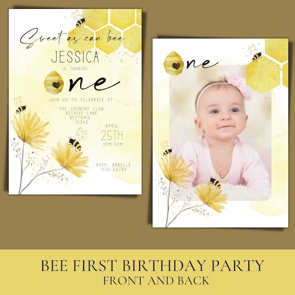 Honey BEE Einladung zum ersten Geburtstag - Anpassbare, editierbare, sofortige herunterladbare Einladungsvorlage mit Foto, Vorder- und Rückseite.