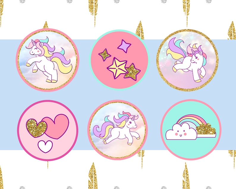 Golden glitter and colorful unicorn themed cupcake toppers for that special little girls special day