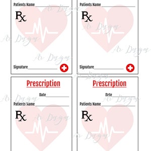 K&ouml;nnte beinhalten: Vier druckbare Rezeptformulare mit einem rosa Herzen und einer Herzschlaggrafik. Jedes Formular hat Platz f&uuml;r Datum, Patientenname, Rx und Unterschrift.
