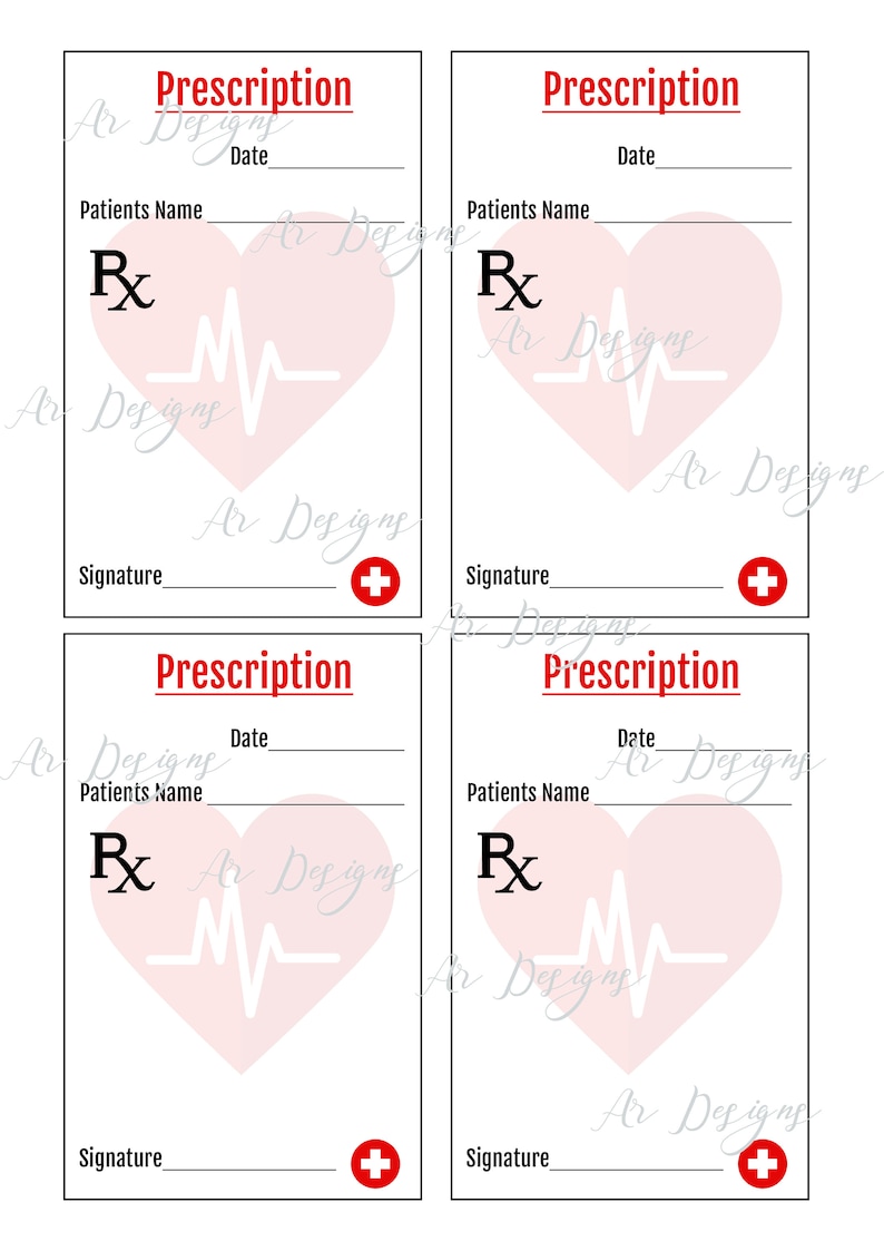 K&ouml;nnte beinhalten: Vier druckbare Rezeptformulare mit einem rosa Herzen und einer Herzschlaggrafik. Jedes Formular hat Platz f&uuml;r Datum, Patientenname, Rx und Unterschrift.