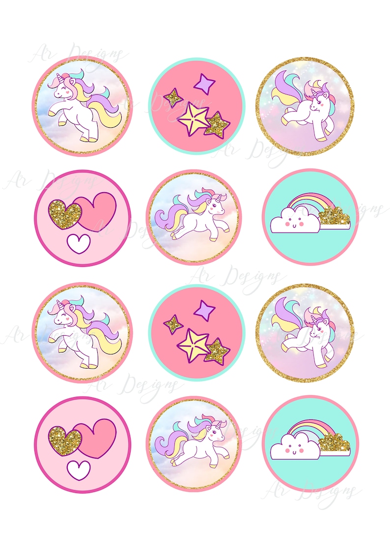 Golden glitter and colorful unicorn themed cupcake toppers for that special little girls special day