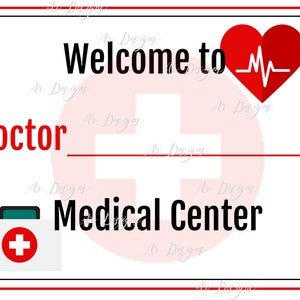 K&ouml;nnte beinhalten: Willkommensschild f&uuml;r das Doctor Medical Center mit einem roten Herzen mit einem Herzschlag-Grafik und einem Erste-Hilfe-Kasten mit einem roten Kreuz.