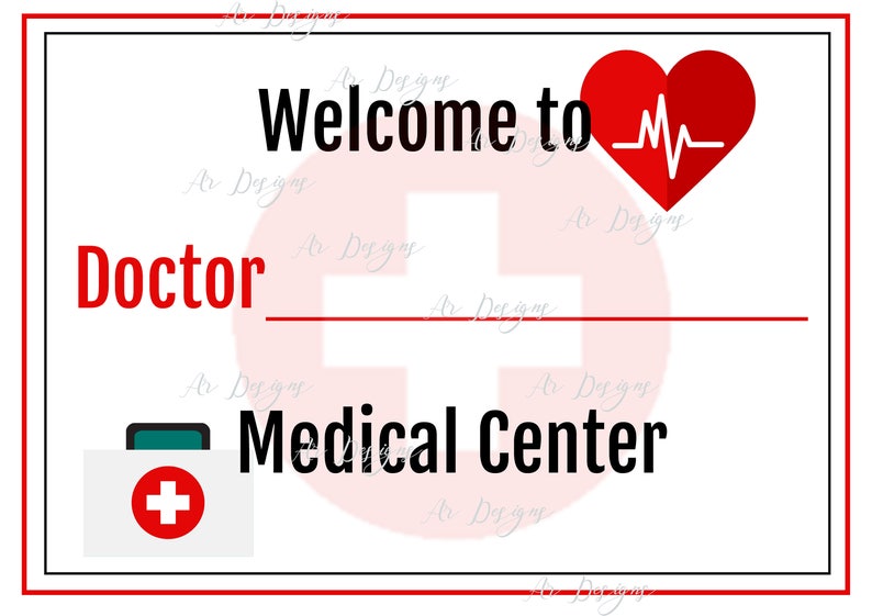K&ouml;nnte beinhalten: Willkommensschild f&uuml;r das Doctor Medical Center mit einem roten Herzen mit einem Herzschlag-Grafik und einem Erste-Hilfe-Kasten mit einem roten Kreuz.