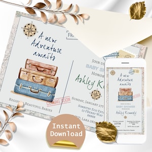 Travel Theme Baby Shower Mega Bundle - includes invitation, baby shower games, baby shower decor, and baby shower thank you cards.