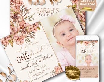 Floral Onederful erster Geburtstag einladen: Bearbeitbare Vorlage (Digitaler Download)