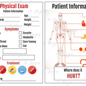 K&ouml;nnte beinhalten: Ein druckbares Arztformular mit einem roten Kreuz und den Worten "K&ouml;rperliche Untersuchung" und "Patienteninformationen". Das Formular enth&auml;lt Abschnitte f&uuml;r Patienteninformationen, Symptome, Diagnose, Behandlung und eine Unterschriftszeile. Die rechte Seite des Formulars zeigt ein Cartoon-Skelett mit verschiedenen hervorgehobenen Organen und dem Text "Wo tut es weh?"