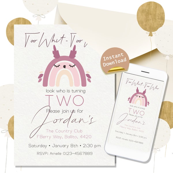 Too Whit - Too Whoo Owl Rainbow Animal Birthday Party Invite - Editable, instant download. Printable invite,digital invite, thank you card