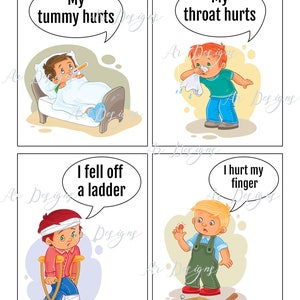 K&ouml;nnte beinhalten: Vier illustrierte Karten mit Comic-Kindern, die verschiedene Szenarien von Unwohlsein darstellen. Die erste Karte zeigt einen Jungen, der im Bett liegt, ein Thermometer im Mund hat und eine Sprechblase, die "Mir tut der Bauch weh" sagt. Die zweite Karte zeigt einen Jungen, der sich ein Taschentuch an die Nase h&auml;lt und eine Sprechblase, die "Mir tut der Hals weh" sagt. Die dritte Karte zeigt einen Jungen mit einem Verband am Kopf und Kr&uuml;cken, mit einer Sprechblase, die "Ich bin von einer Leiter gefallen" sagt. Die vierte Karte zeigt einen Jungen mit einem verletzten Finger und einer Sprechblase, die "Ich habe mir den Finger verletzt" sagt.