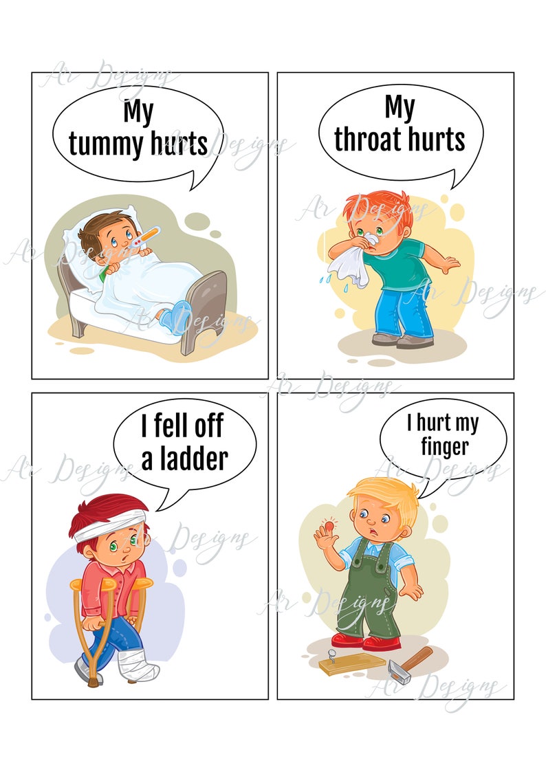 K&ouml;nnte beinhalten: Vier illustrierte Karten mit Comic-Kindern, die verschiedene Szenarien von Unwohlsein darstellen. Die erste Karte zeigt einen Jungen, der im Bett liegt, ein Thermometer im Mund hat und eine Sprechblase, die "Mir tut der Bauch weh" sagt. Die zweite Karte zeigt einen Jungen, der sich ein Taschentuch an die Nase h&auml;lt und eine Sprechblase, die "Mir tut der Hals weh" sagt. Die dritte Karte zeigt einen Jungen mit einem Verband am Kopf und Kr&uuml;cken, mit einer Sprechblase, die "Ich bin von einer Leiter gefallen" sagt. Die vierte Karte zeigt einen Jungen mit einem verletzten Finger und einer Sprechblase, die "Ich habe mir den Finger verletzt" sagt.