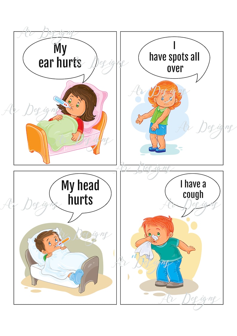 K&ouml;nnte beinhalten: Vier illustrierte Karten mit Kindern, die verschiedene Krankheitssymptome darstellen. Die erste Karte zeigt ein M&auml;dchen im Bett mit einem Thermometer im Mund, das sagt: "Mein Ohr tut weh". Die zweite Karte zeigt ein M&auml;dchen mit roten Flecken am ganzen K&ouml;rper, das sagt: "Ich habe &uuml;berall rote Flecken". Die dritte Karte zeigt einen Jungen im Bett mit einem Thermometer im Mund, der sagt: "Mein Kopf tut weh". Die vierte Karte zeigt einen Jungen, der sich ein Taschentuch an die Nase h&auml;lt, der sagt: "Ich habe Husten".