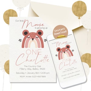 Notre petite souris Rainbow Animal Birthday Party Invite - Modifiable, téléchargement instantané. Invitation imprimable, invitation numérique et carte de remerciement