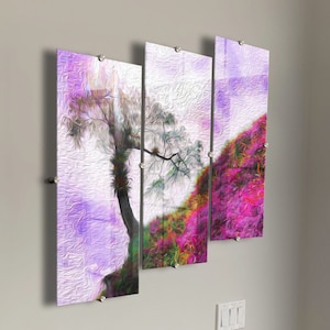 May include: A three-panel abstract art print featuring a stylized tree with pink and purple flowers. The tree is in the center panel, with pink and purple flowers on either side.