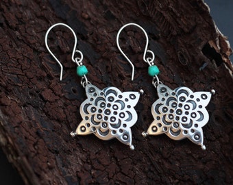 Silver And Turquoise Arabesque Earrings, Silver Dangle Earrings With Turquoise