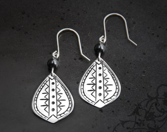 Silver Tribal Drop Earrings, Tribal Earrings with Onyx