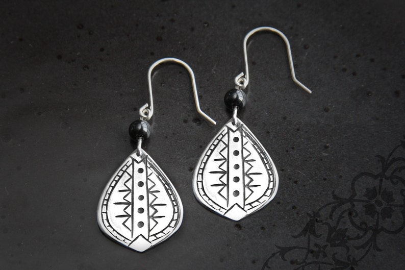 Silver Tribal Drop Earrings, Tribal Earrings with Onyx image 1