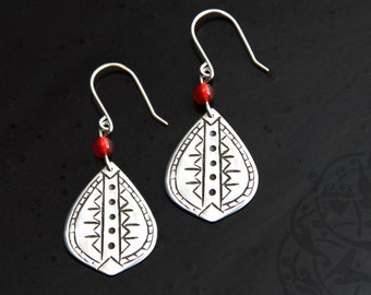 Silver Tribal Drop Earrings, Tribal Earrings with Carnelian