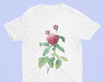 Puede incluir: Camiseta blanca con estampado floral rosa y verde de una rosa.
