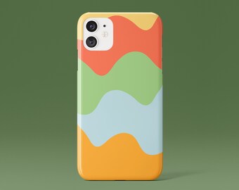 May include: A phone case with a colorful abstract design. The case features a pattern of wavy lines in shades of yellow, orange, green, and blue.