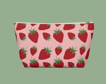 Strawberry Print Accessory Bag. Makeup and Travel Pouch with Cottage Core Pattern. Cute Fruit Pouch in Danish Pastel Style.