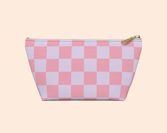 Lavender and Pink Plaid Print Accessory Pouch With T-bottom | Cosmetic & Travel Bag | Checkered Pattern
