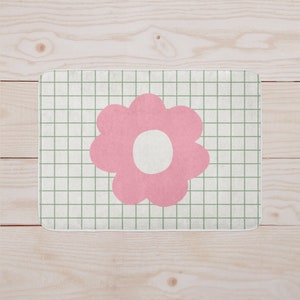 Pink Flower Green Checkered Floor Mat | Bathroom Decor | Kitchen Mat | Home Decor | Bathroom Rug | Danish Pastel | Microfiber, Non-Slip Rugs
