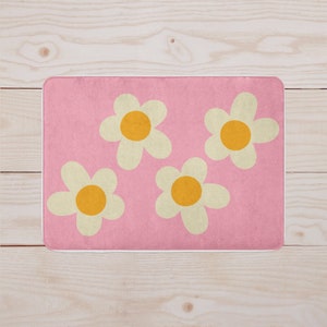 Daisy Flower Pink Floor Mat | Bathroom Decor | Kitchen Mat | Home Decor | Bathroom Rug | Danish Pastel | Microfiber, Non-Slip Rugs