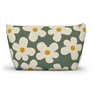 Sage Flower Print Accessory Pouch With T-bottom | Cosmetic & Travel Bag | Ditzy Daisy Floral Pattern