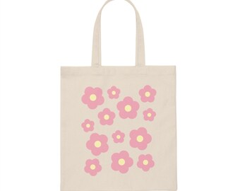 Pink Flower Canvas Tote Bag | Danish Pastel Tote, Beach Bag, Shopping Bag, Birthday Present, Retro Aesthetic