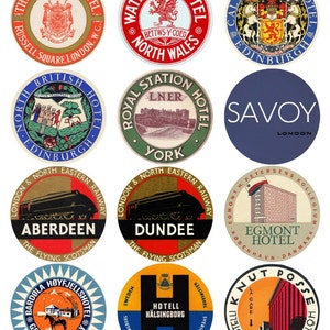 Set of 12 Printable Vintage Luggage Stickers: Journey Across Northern Europe - UK, Denmark, Norway, Sweden, and Finland
