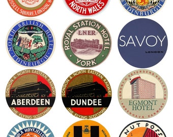 Vintage Travel Labels UK Scandinavia Digital Download – Luggage Stickers, Scrapbook Ephemera