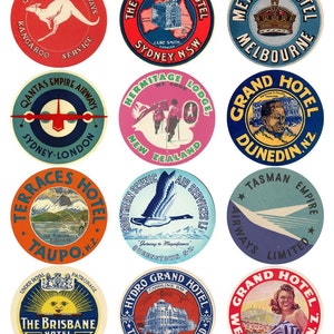 Lot de 12 autocollants vintage pour valise de bateau à vapeur : Journey Through Oceania - Australie, Nouvelle-Zélande et Tasmanie