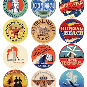 Collezione di 12 adesivi da viaggio vintage stampabili da Francia, Belgio e Paesi Bassi: rivivi l'epoca d'oro dei viaggi