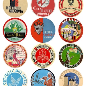 Set of 12 Printable Vintage Travel Stickers for steamer trunk suitcase: A Timeless Journey Through Spain, Portugal, and Greece