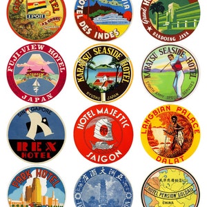 Set of 12 Printable Vintage Luggage Stickers: An Artistic Journey through Japan, China, Singapore, Vietnam, and Indonesia