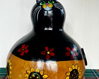 Black Cat -Painted Gourd - sunflowers - Mouse on Head