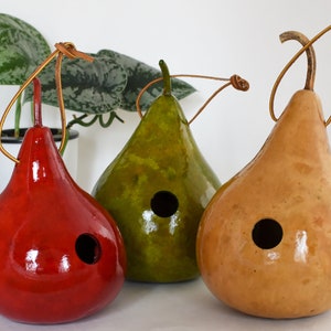 May include: Three gourd birdhouses, each painted a different color: red, green, and tan. The gourds are pear-shaped with a round hole cut out for the birds to enter.