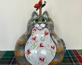 Gourd Art - Gray Cat - Painted Cat Gourd - hearts - Mother's Day Gift