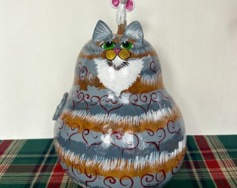 Gourd Art - Gray Cat - Painted Cat Gourd - mouse on head - Mother's Day Gift