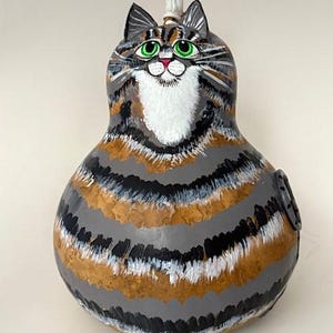 Grey Tabby Cat Gourd Art by Devon Cameron