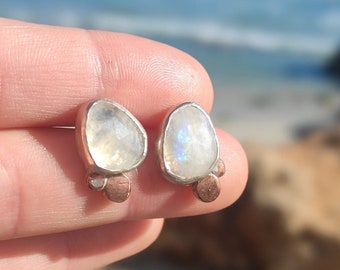 Rainbow facetted moonstone, copper and sterling silver studs