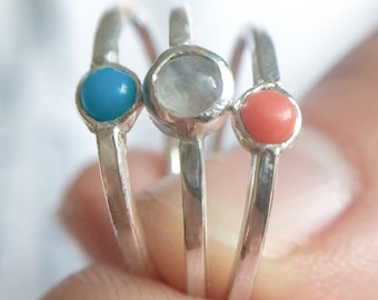 Gemstone stack ring set with coral, rainbow moonstone and turquoise sterling silver thin band