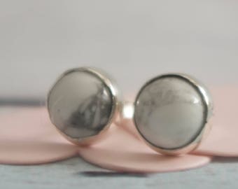 Howlite earrings 8mm cabochon howlite studs marble effect white gemstone studs